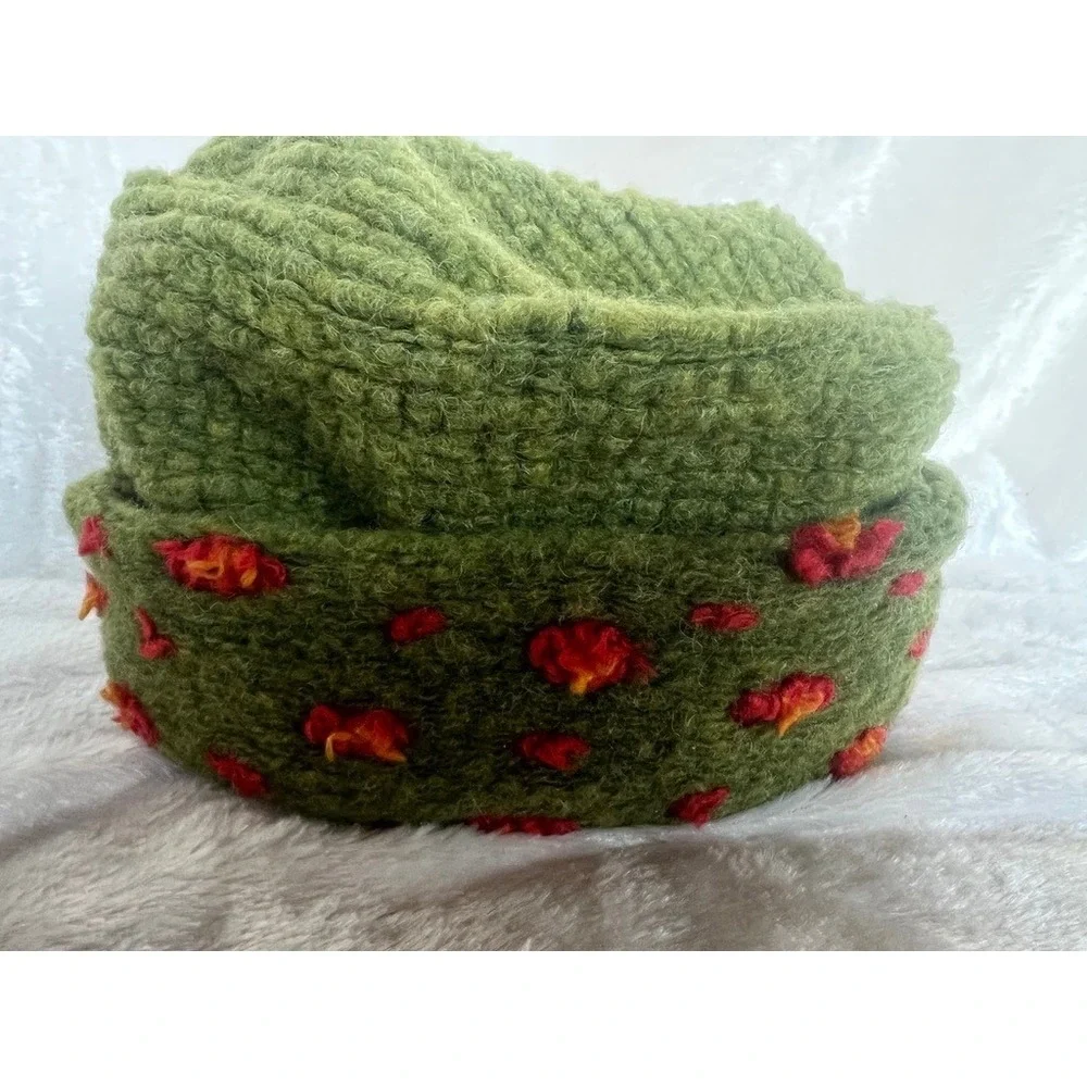 Pillbox Hat Green Wool Felt Munki Munki Kids M Floral Textured USA
